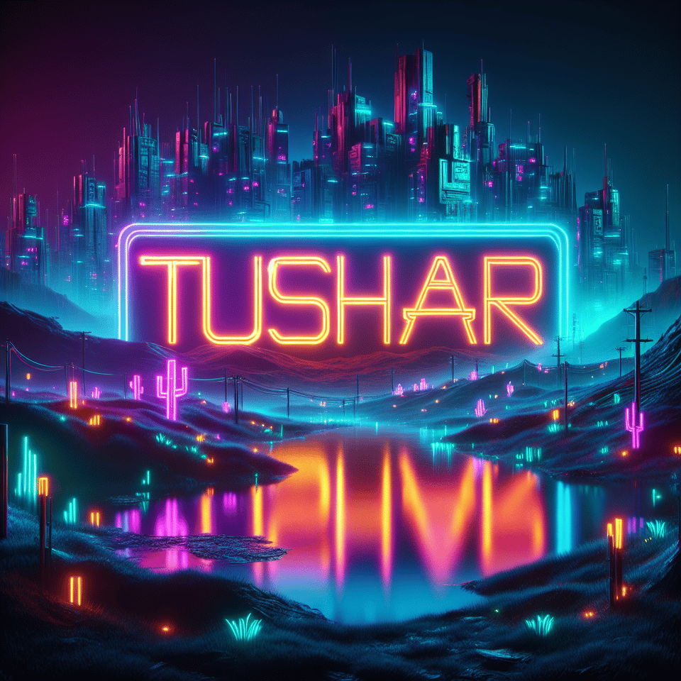 neon cyberpunk font saying TUSHAR landscape with glowing text text effect image
