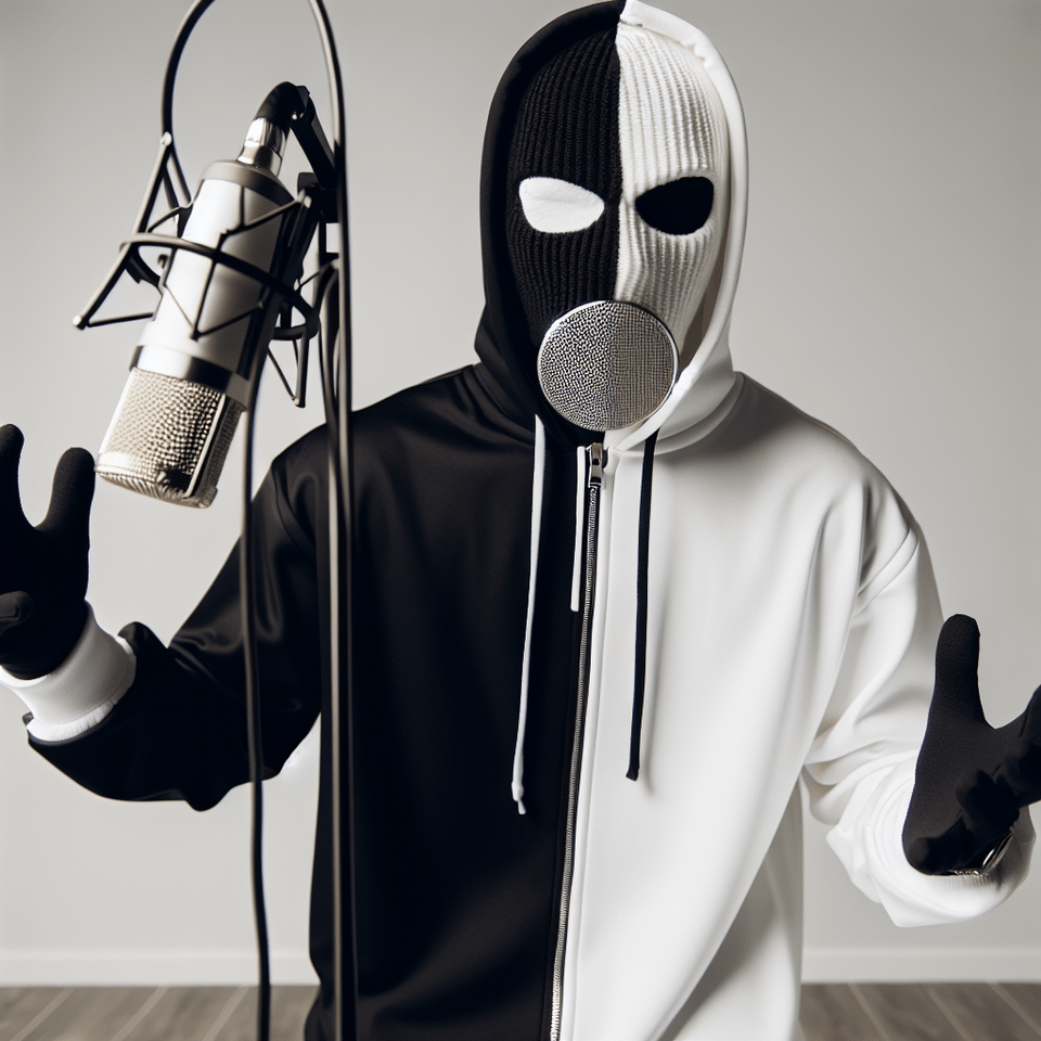 Rappeur il drill masqué sur le masque il est écrit TKH⁸ il est habillé avec une habille moitié noire moitié blanc il est dans une salle blanche devant lui y'a un micro freestyle text effect image