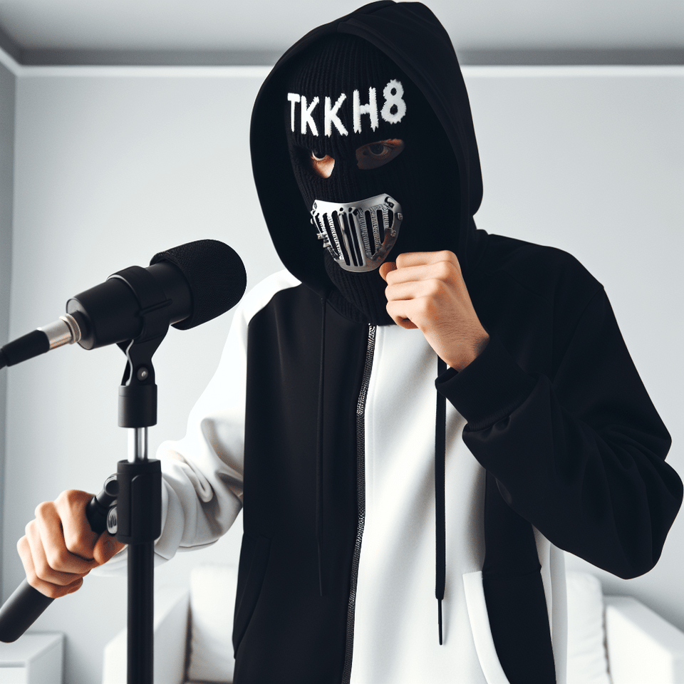 Rappeur il drill masqué sur le masque il est écrit TKH⁸ il est habillé avec une habille moitié noire moitié blanc il est dans une salle blanche devant lui y'a un micro freestyle , photo text effect image