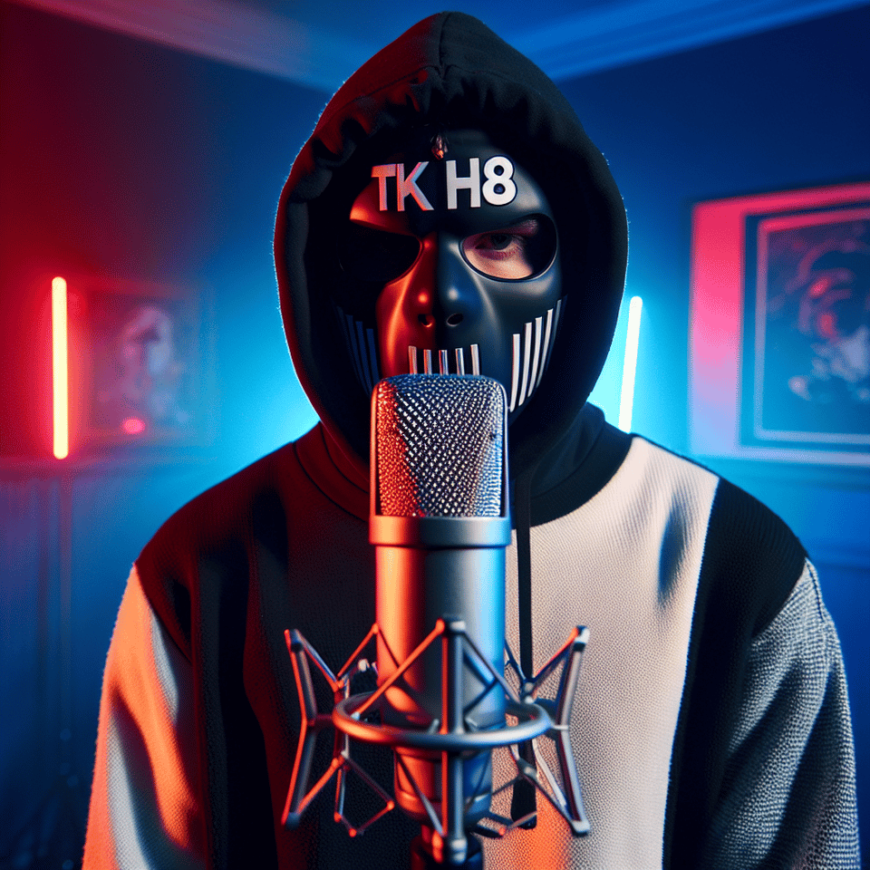 Rappeur il drill UK masqué sur le masque il est écrit TKH⁸ il est habillé avec une habille moitié noire moitié blanc il est dans une salle avec des lumières bleu et rouge devant lui y'a un micro freestyle , photo text effect image