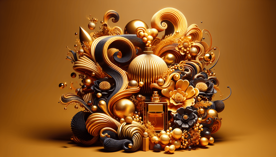 Fragrance gold and bold, cinematic, illustration, 3d render, photo, vibrant, poster text effect image