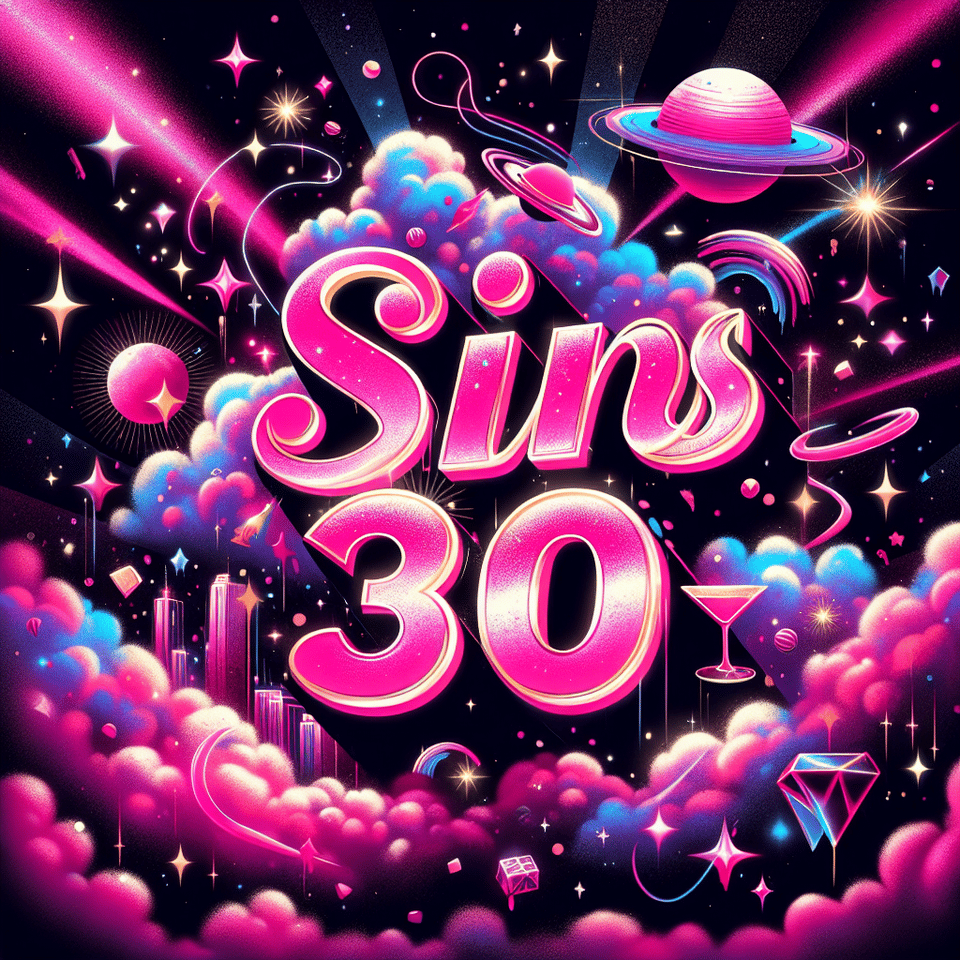 text SINS 30 with pink night sky elements, bold, funky and a night party png image text effect image
