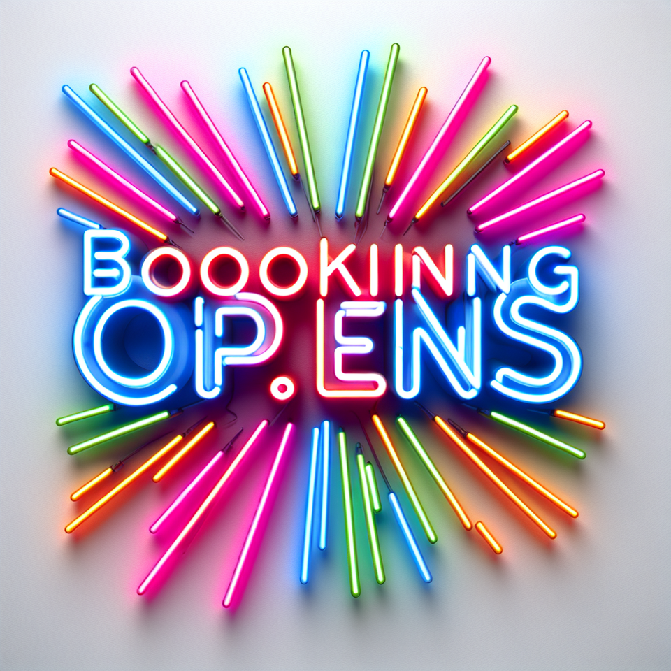 text BOOKING OPENS colorful neon text effect on white background text effect image