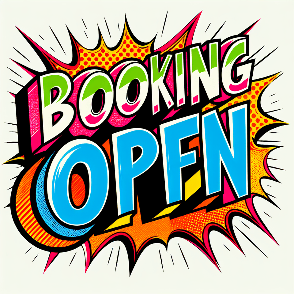 text BOOKING OPEN comic style text effect on white background text effect image