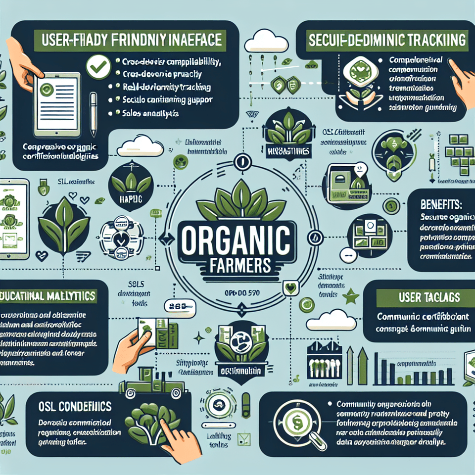[OBEE Project Overview],,- **Objective:** Develop an intuitive online platform for organic farmers and consumers.,- **Key Features:**,  - User-Friendly Interface,  - Cross-Device Compatibility,  - Secure E-Commerce Functionality,  - Real-Time Inventory Tracking,  - Sales Analytics,  - Comprehensive Organic Certification Guidelines,  - Educational Materials,  - Community Engagement (Forums, User Ratings),  - Logistics and Distribution Support,  - Shipment Management,  - Marketing Tools,- **Security Measures:**,  - SSL Certification,  - Compliance with Data Privacy Regulations,- **Benefits:**,  - Streamline Organic Farming Practices,  - Enhance Consumer Trust,  - Foster Community Engagement,- **Mission:** Revolutionize the Organic Farming Industry,- **Core Values:** User-Centricity, Security, Reliability,- **Impact:** Empower Farmers and Consumers ,,Develop a infographic for the above by Incorporate icons, illustrations, and graphs to represent each key feature, security measure, and benefit. Use a clean and appealing design to capture attention and convey information quickly., illustration text effect image