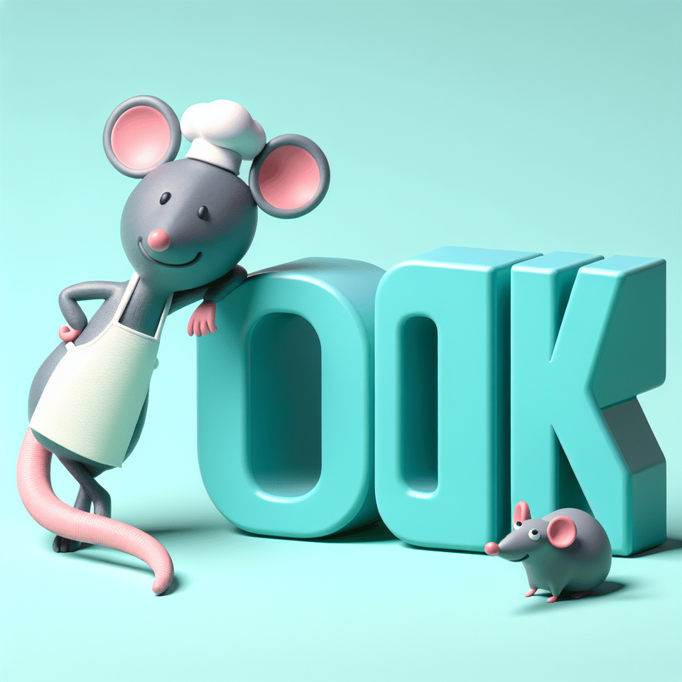 Text COOK in 3d typography in teal blue with the character 'ratatouille' leaning on the text text effect image