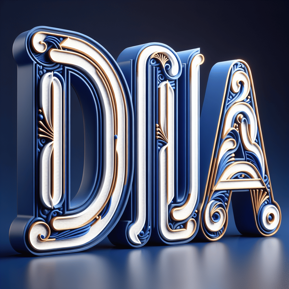 A stunning and captivating 3D rendering of the DELÍA logo, featuring a colossal bright font in cobalt blue and white with each letter elegantly etched with intricate gold lines. text effect image