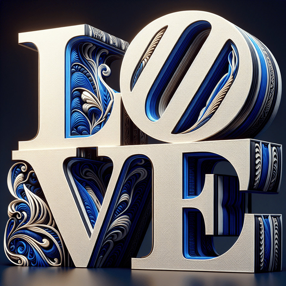 A stunning and captivating 3D rendering of the love logo, featuring a colossal bright font in cobalt blue and white with each letter elegantly etched with intricate gold lines. text effect image