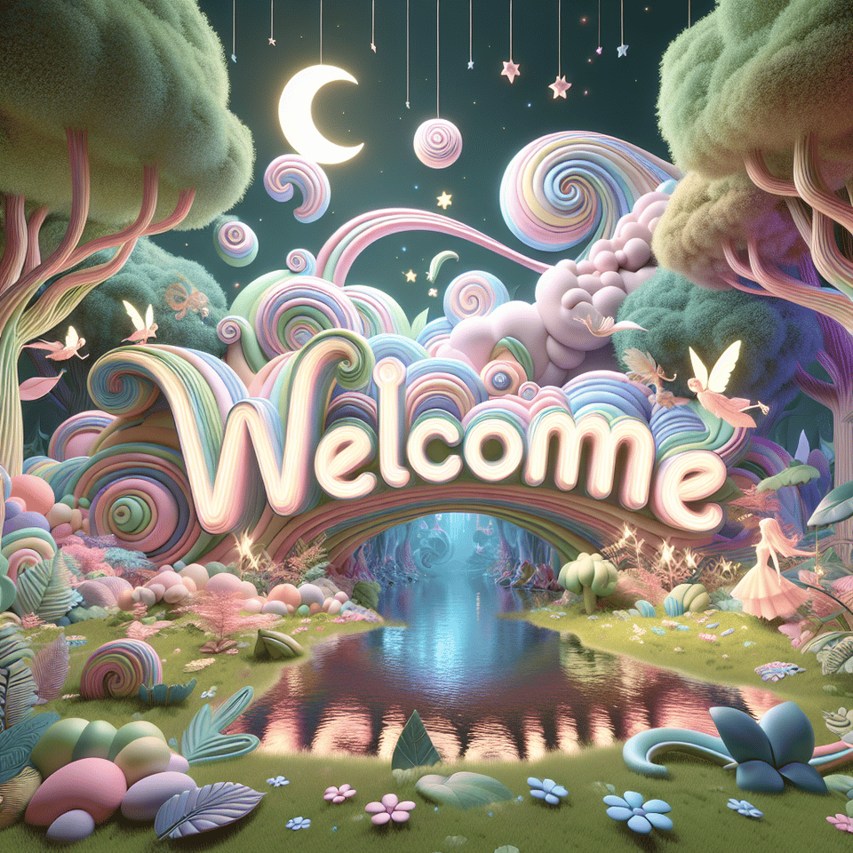 A captivating 3D rendering of the name welcome in swirling pastel colors, seamlessly integrated into a whimsical, magical scene. text effect image
