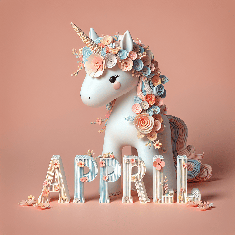 A charming 3D illustration featuring the name April in pastel colors, with a cute baby unicorn wearing a headpiece of delicate flowers. text effect image