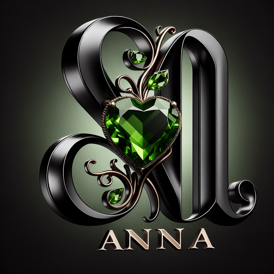 A luxurious and elegant design featuring the name anna  in a sophisticated black font. The font is embellished with a stunning green garnet heart, creating a 3D effect. text effect image