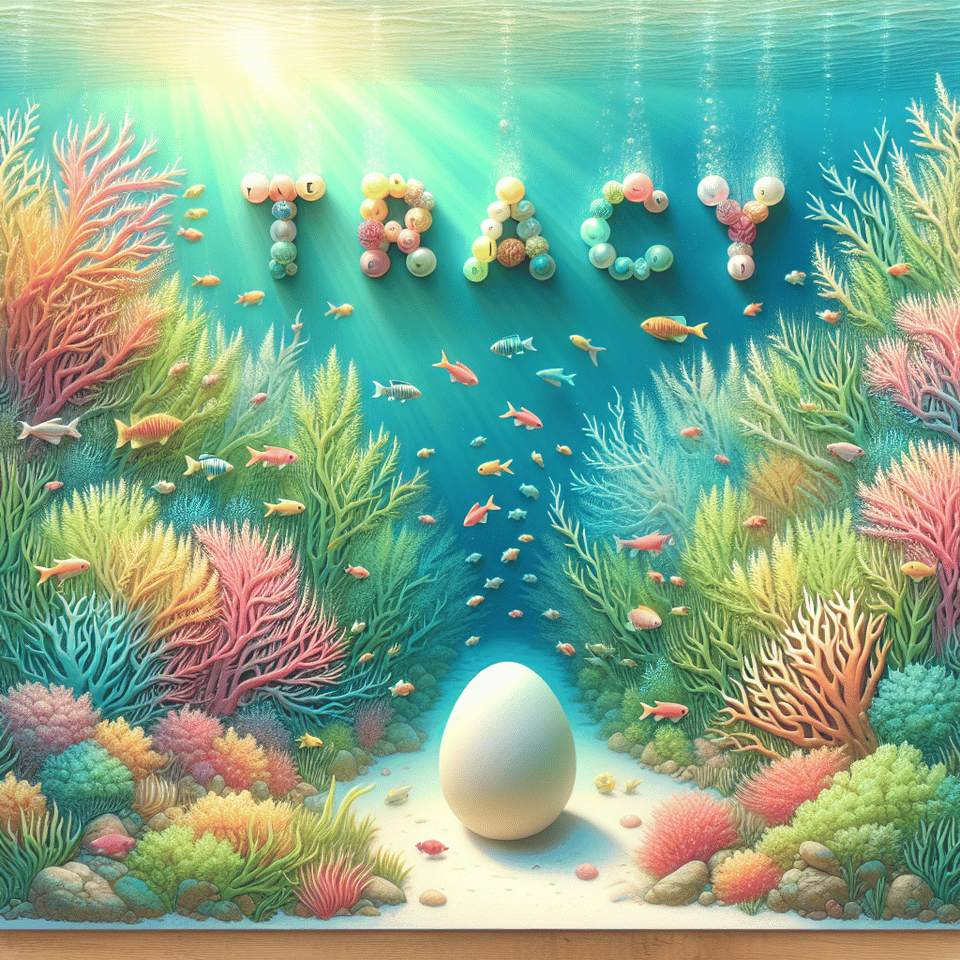 Underwater-themed showcasing a coral reef environment with colorful fish, seaweed, and shimmering underwater effects. The word Tracy above the egg in colorful pastel bubble letters. text effect image