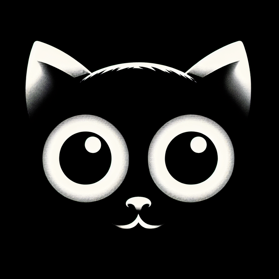The cat’s head is shown in silhouette, with only its two large, round, and white eyes visible. Text Positioned centrally above the cat’s head, there is playful text that reads: “I’m watching you!” text effect image