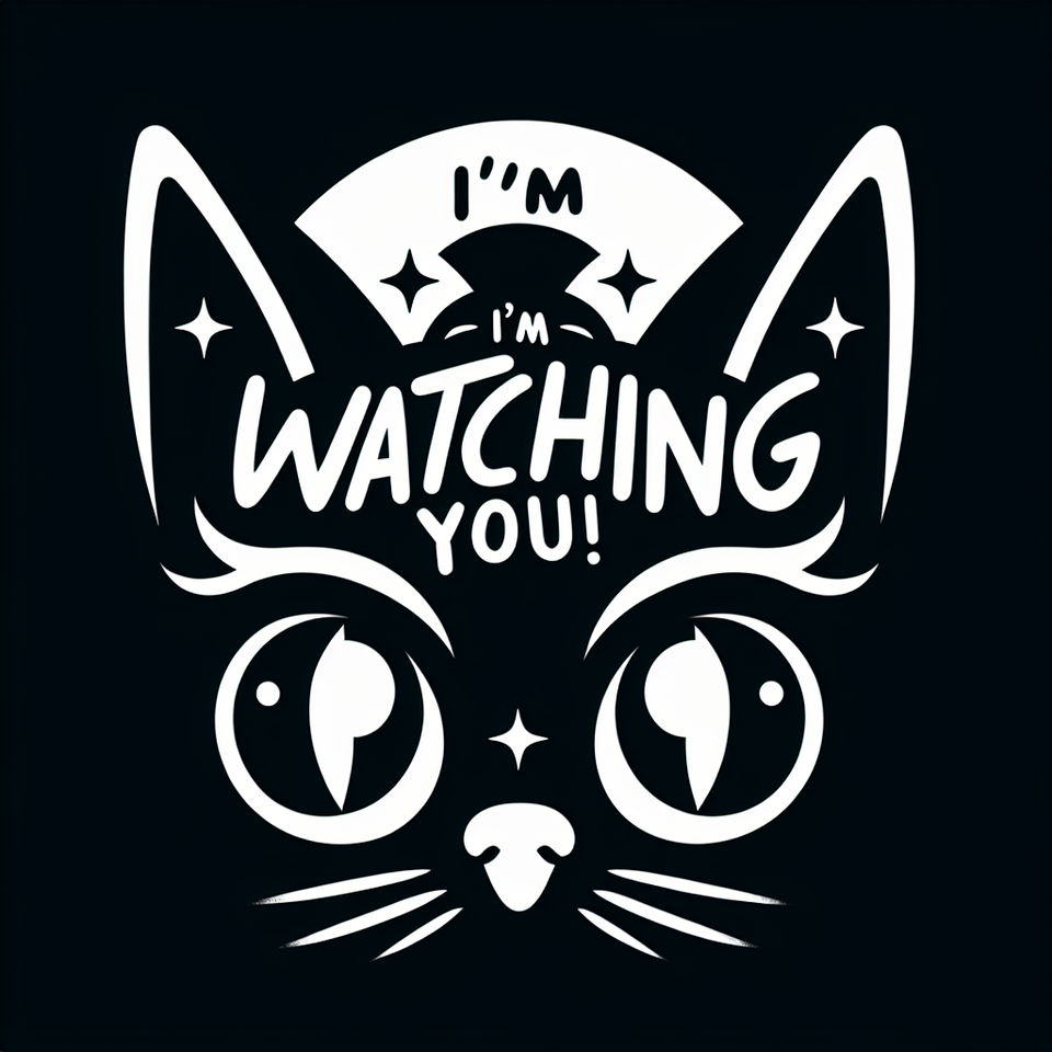 The cat’s head is shown in silhouette, with only its two large, round, and white eyes visible. Text Positioned centrally above the cat’s head, there is playful text that reads: “I’m watching you!” text effect image