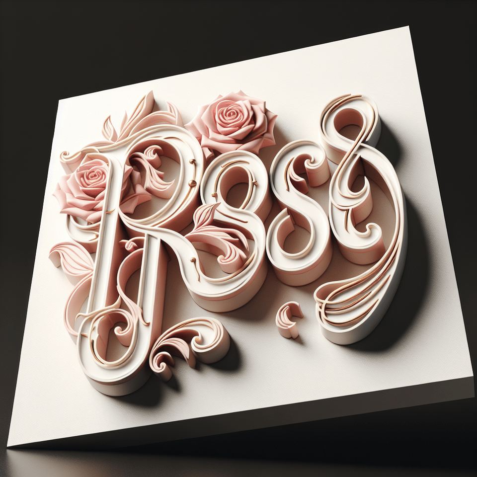 A captivating 3D rendering of the sophisticated and elegant ROSE logo, featuring a bright light pink and white font, adorned with intricate golden lines. text effect image
