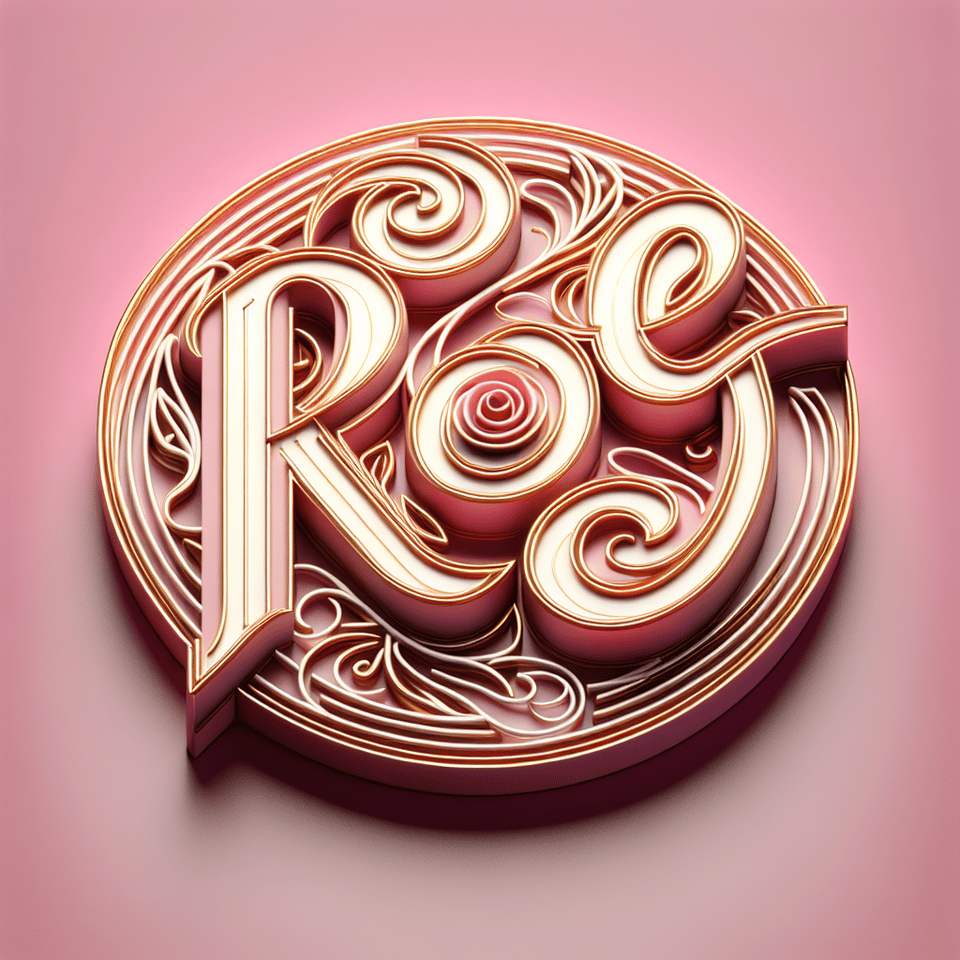 A captivating 3D rendering of the sophisticated and elegant ROSE logo, featuring a bright light pink and white font, adorned with intricate golden lines. text effect image