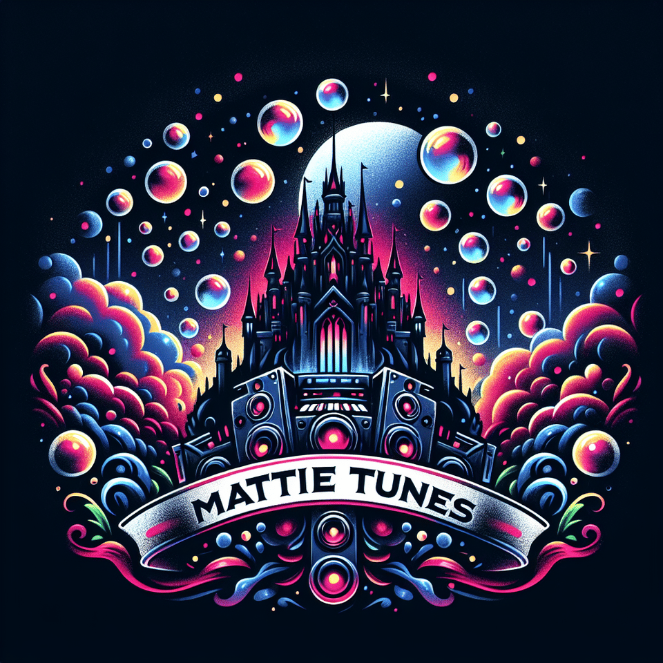 Logo DJ mattie tunes.with space Castle .with bubbles an fireworks ., graffiti, dark fantasy text effect image