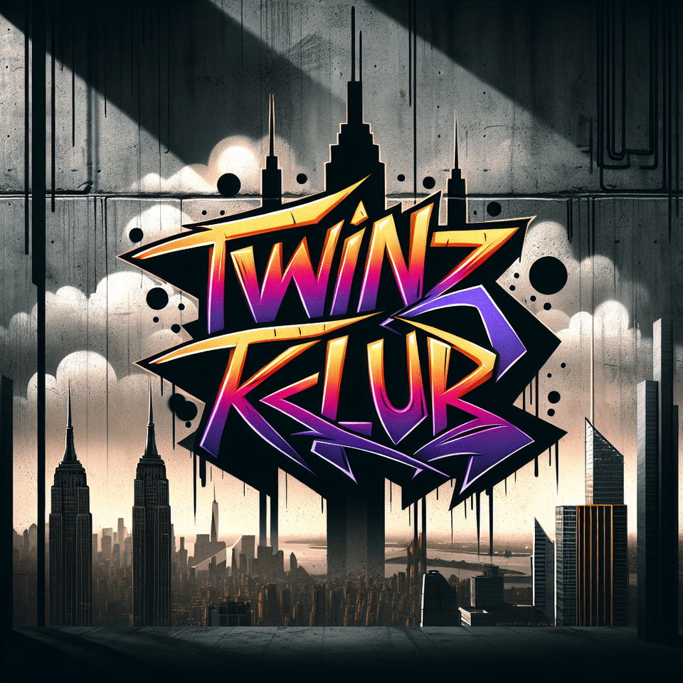 A striking urban graffiti art piece, featuring the words Twinz Klub in bold, vibrant letters. text effect image