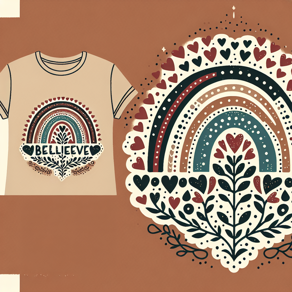 vector t-shirt design BOHO Rainbow school with many heart motifs. polka dots, TEXT “Believe”, with STYLE VECTOR text effect image