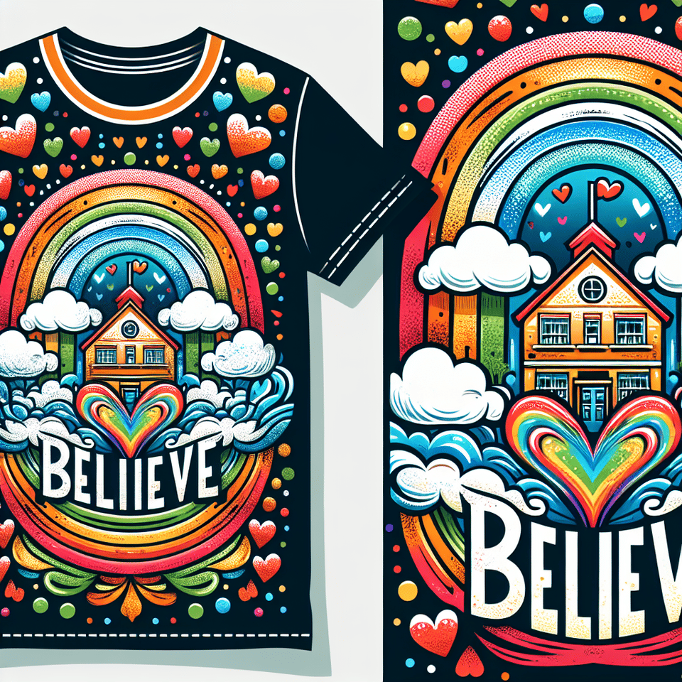 TEXT “Believe” t-shirt design BOHO Rainbow school with many heart motifs, polka dots. text effect image