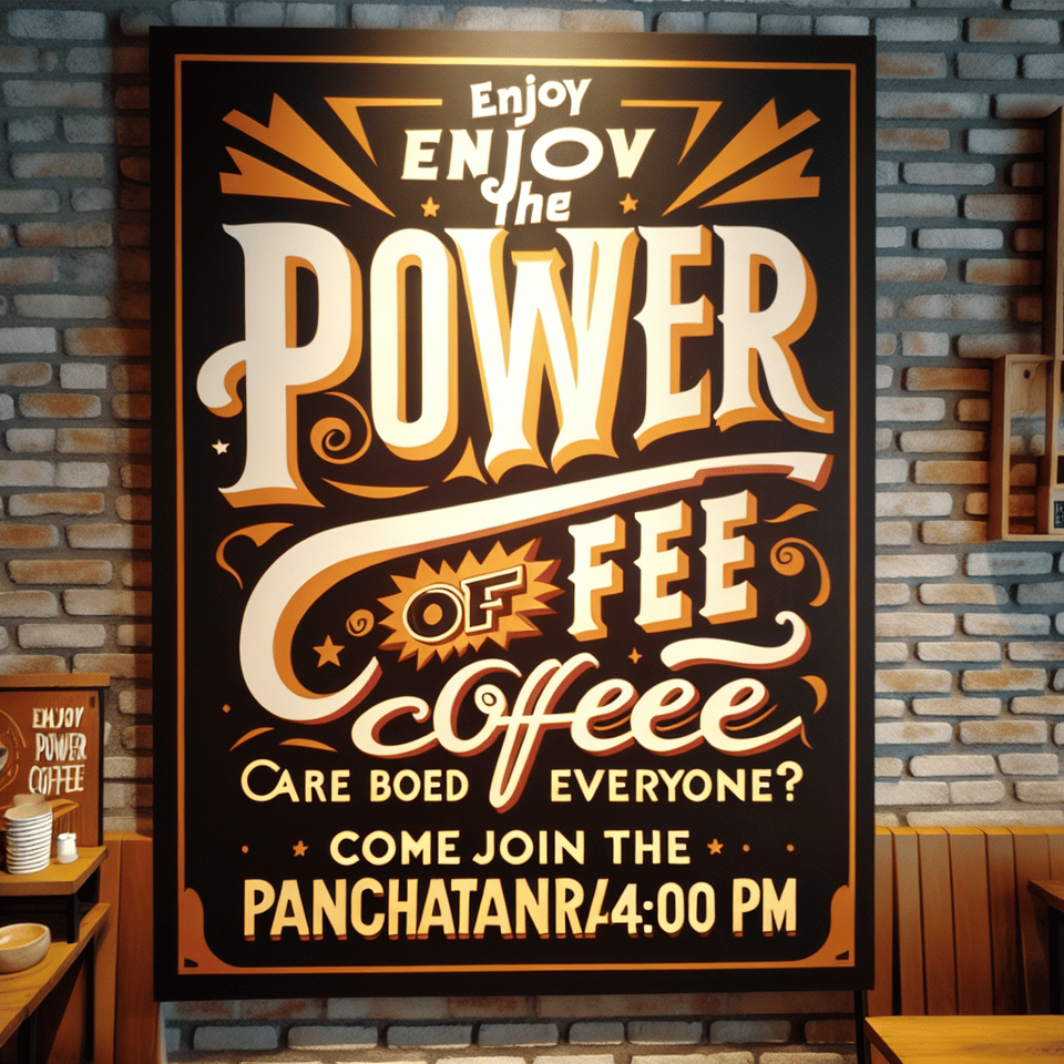 OHHH CHAAR LOG, HO GAYE KYA BORE, TO LE LO COFFEE KA ZOR, TOH AA JAO PANCHATANTRA AT 4:00 PM, typography text effect image