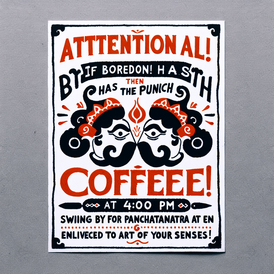 OHHH CHAAR LOG, HO GAYE KYA BORE, TO LE LO COFFEE KA ZOR, TOH AA JAO PANCHATANTRA AT 4:00 PM, typography text effect image