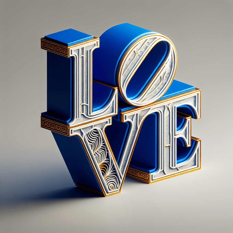 3D rendering of love text with huge bright font in cobalt blue and white with etched gold lines on each letter. text effect image