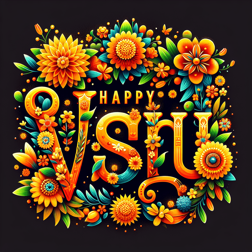 text HAPPY VISHU with yellow and orange flowers on it, illustration text effect image