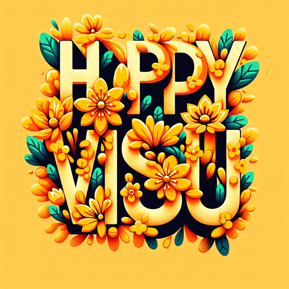 text HAPPY VISHU with yellow and orange flowers only on the text and has bold letters, illustration text effect image