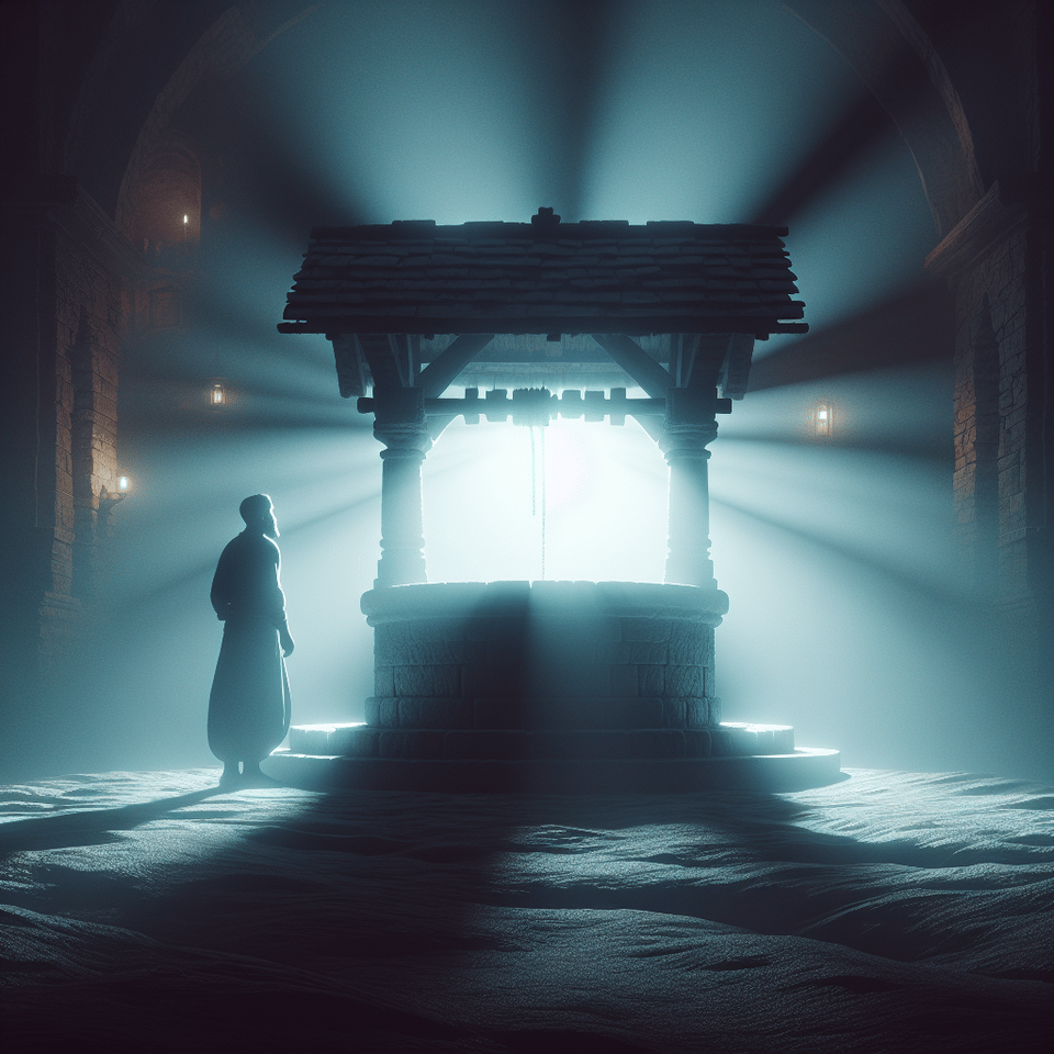 The well glowing with a soft, ethereal light as Alex's wish is spoken into the air, 3d render, cinematic text effect image
