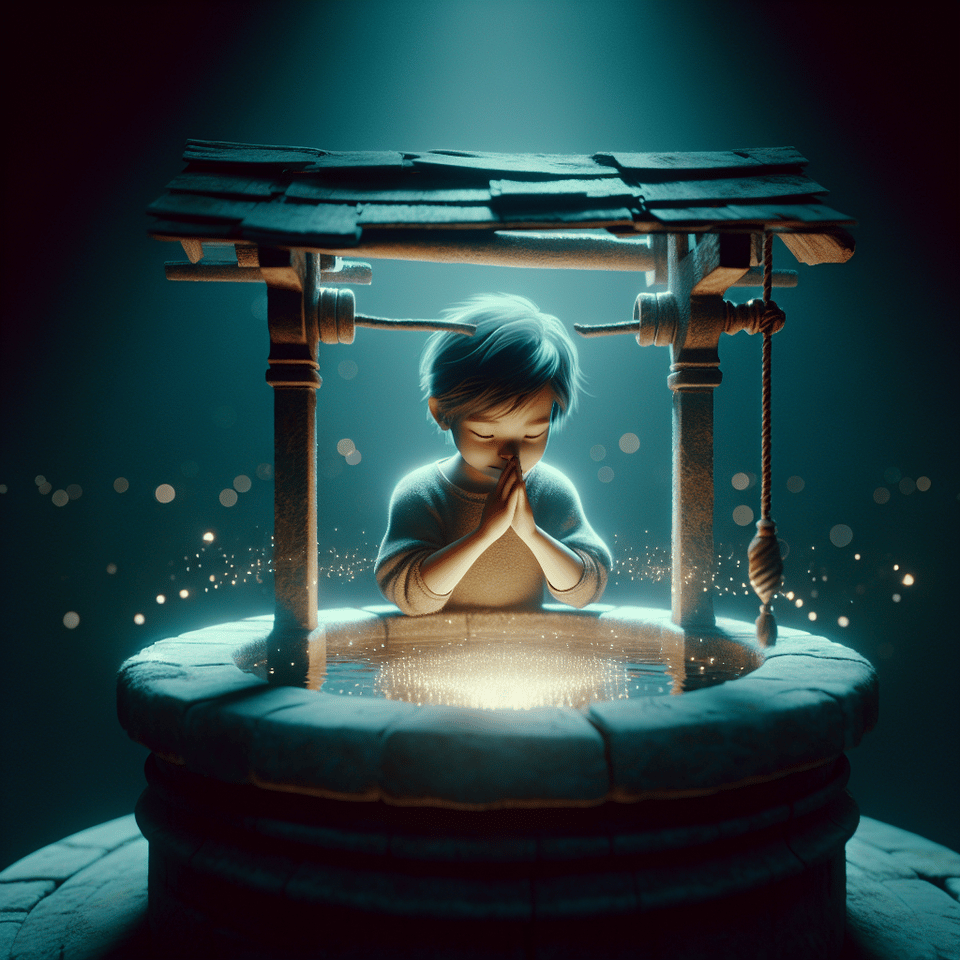 The well glowing with a soft, ethereal light as a little boy wish is spoken into the air, 3d render, cinematic text effect image