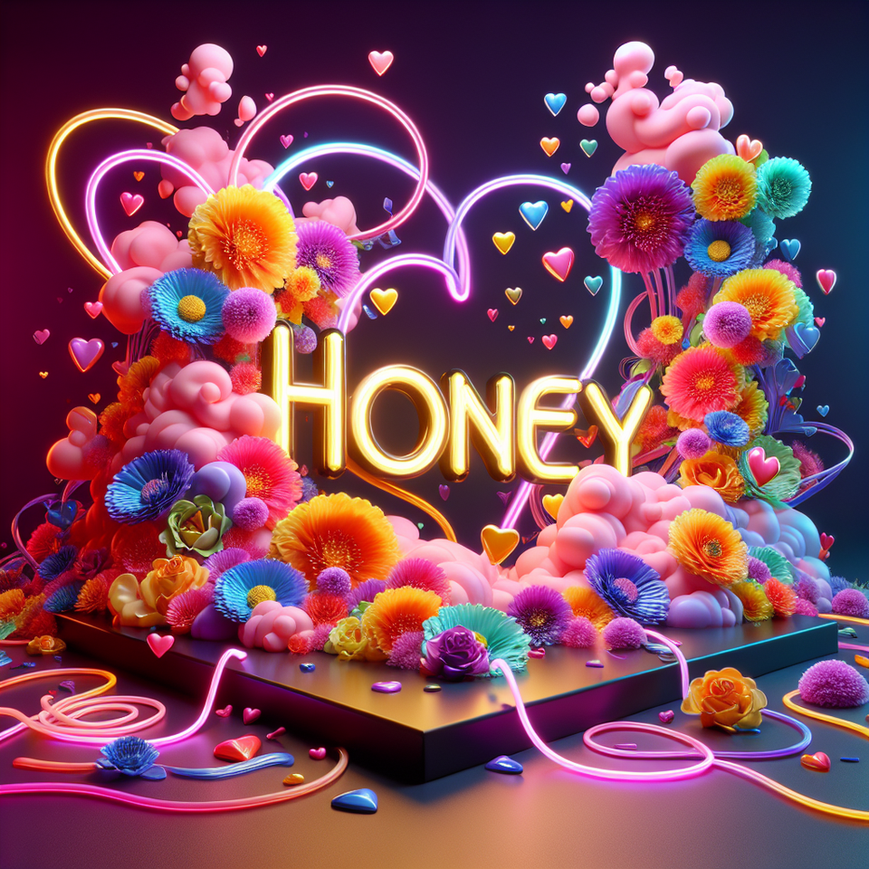 Name Honey written on the background, small colorful touches of 3D paint and with colorful flowers and pink and purple smoke included. Everything in front with hearts in neon, 3D rendering, 3k, 3d render text effect image