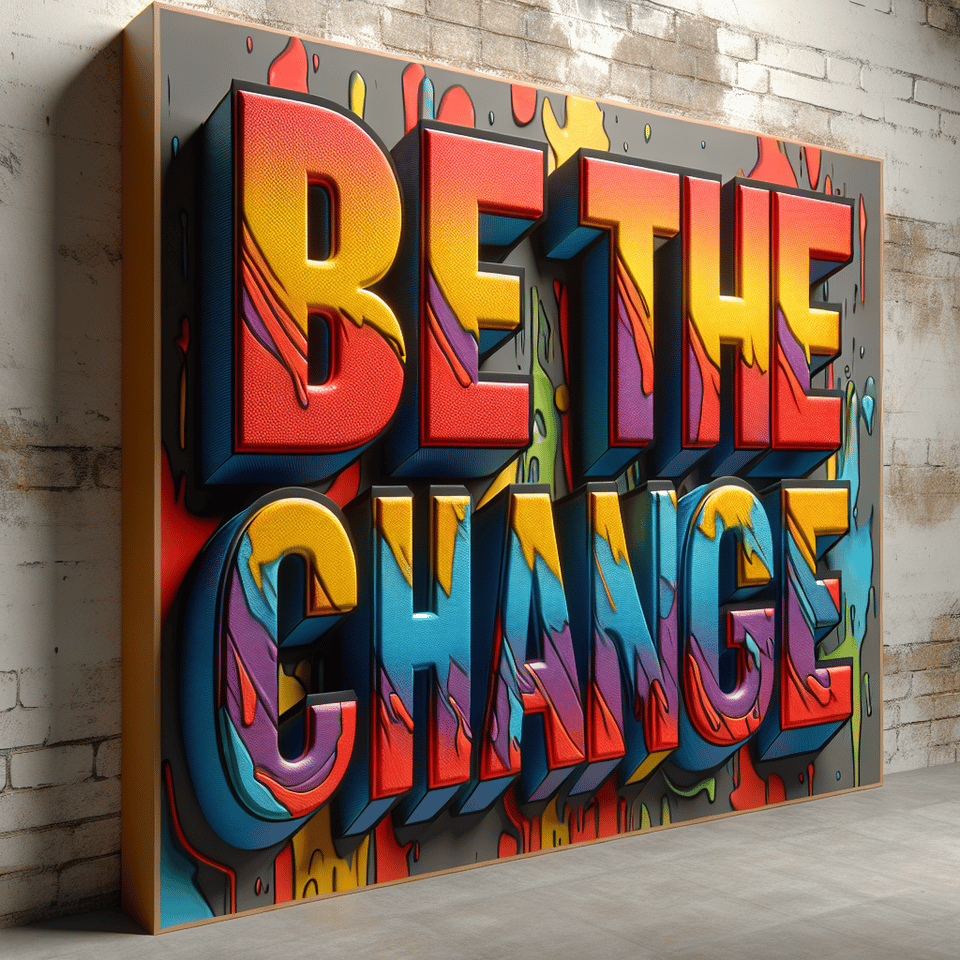 Vibrant graffiti style text reads Be the Change and is rendered in a 3D design. text effect image