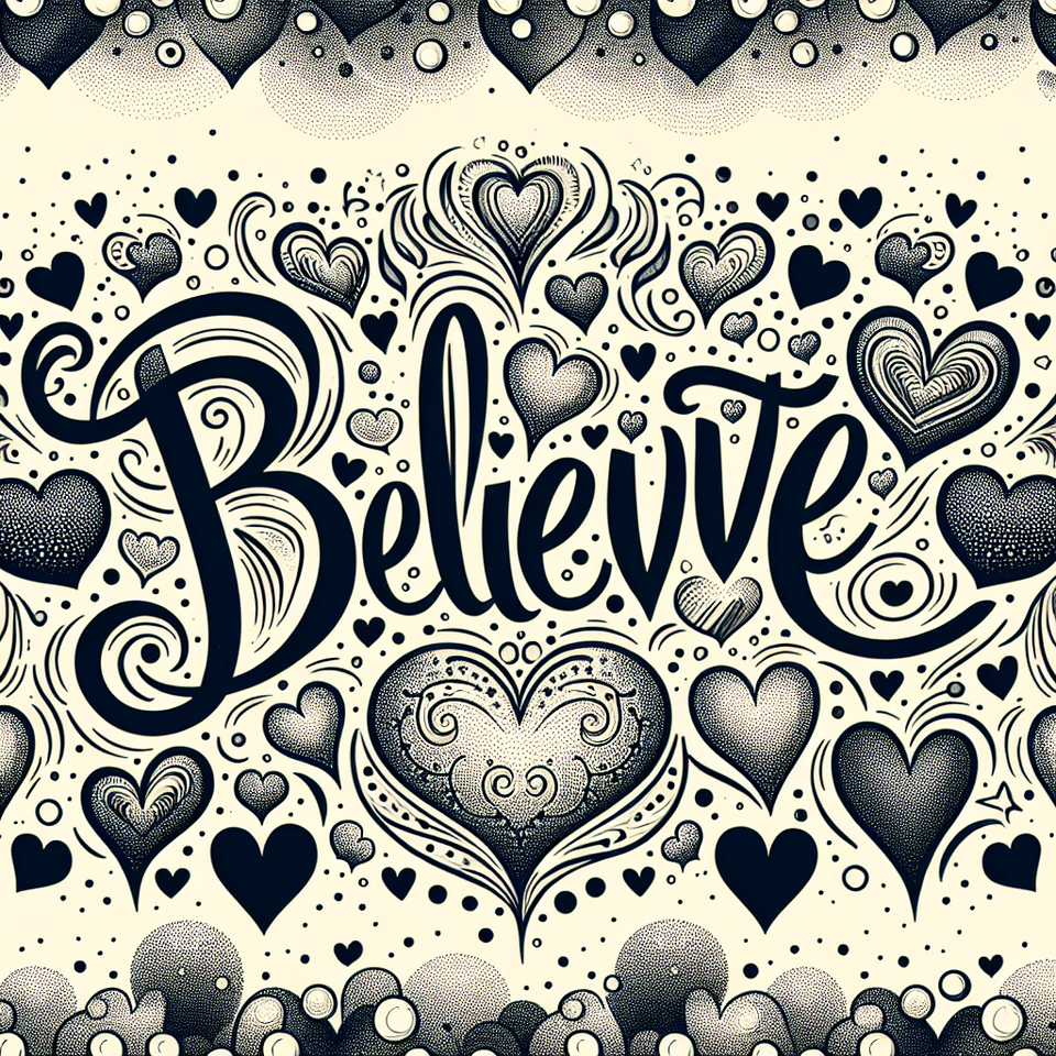 It says Believe and is decorated with many hearts and polka dots. text effect image