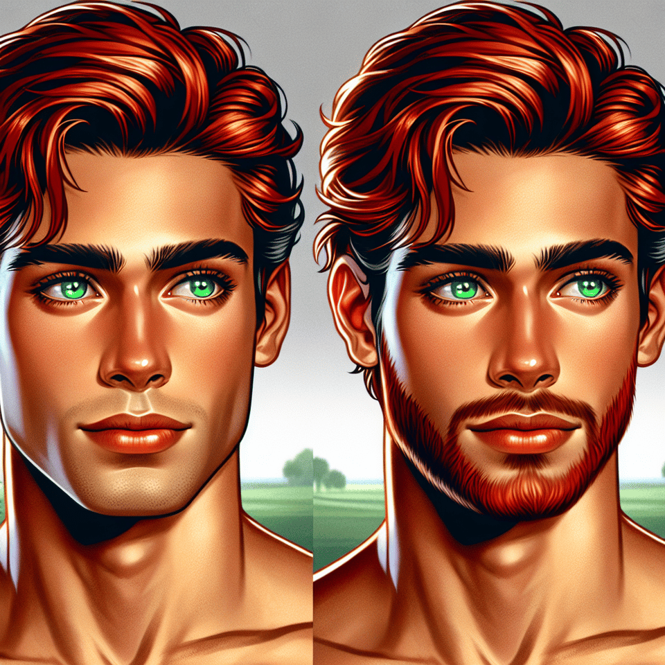 Hombre joven, de ojos verdes, pelo corto, rojo y alborotado; barba corta y rojiza, guapo, fuerte, , illustration, cinematic text effect image