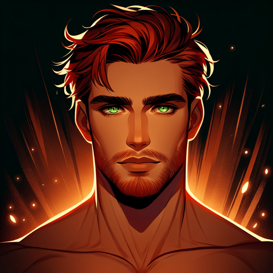 Hombre joven, de ojos verdes, pelo corto, rojo y alborotado; barba corta y rojiza, guapo, fuerte, , illustration, dark fantasy text effect image
