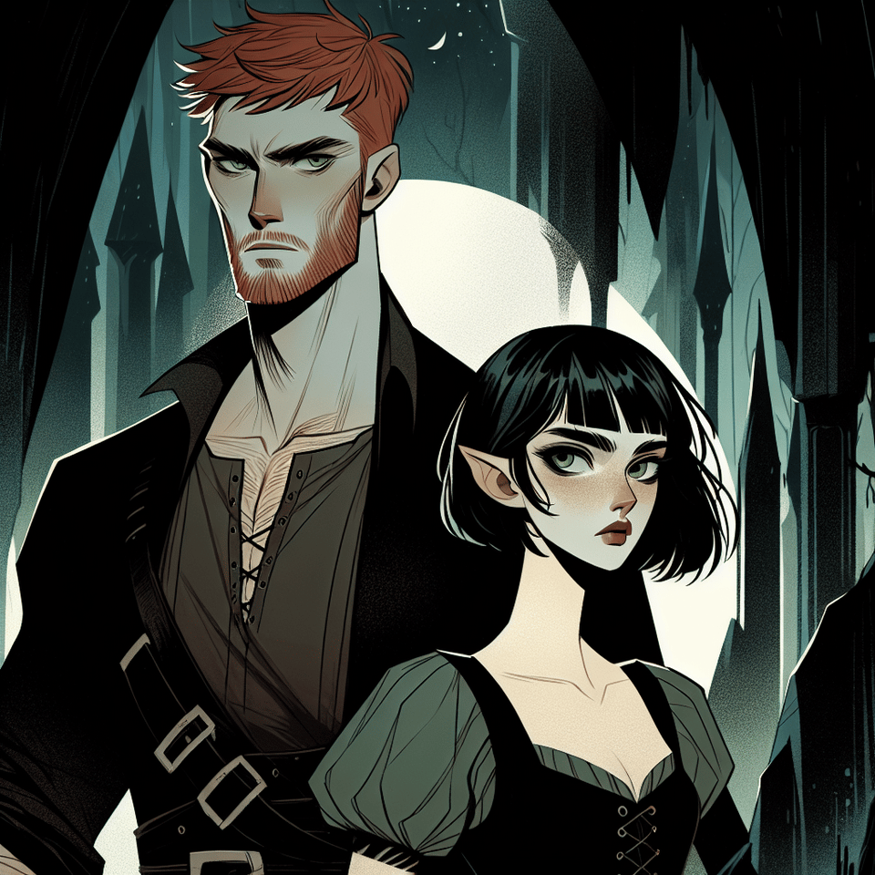 Hombre joven, de ojos verdes, pelo corto, rojo y alborotado; barba corta y rojiza, guapo, fuerte, Acompañado de una joven baja y bonita, de pelo negro y corto hasta las orejas. Ella tiene los ojos oscuros. , illustration, dark fantasy text effect image