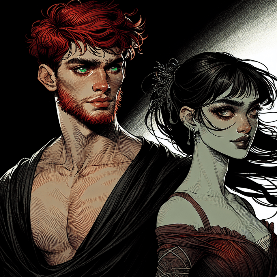 Hombre joven, de ojos verdes, pelo corto, rojo y alborotado; barba corta y rojiza, guapo, fuerte, Acompañado de una joven humana, baja y bonita, de pelo negro y corto hasta las orejas. Ella tiene los ojos oscuros. , illustration, dark fantasy text effect image
