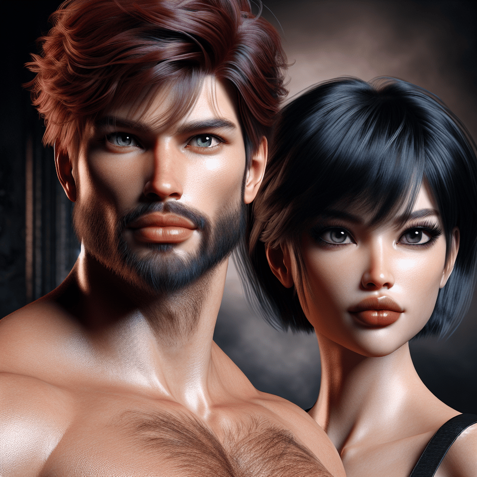 Hombre joven, de ojos verdes, pelo corto, rojo y alborotado; barba corta y rojiza, guapo, fuerte, Acompañado de una joven humana, baja y bonita, de pelo negro y corto hasta las orejas. Ella tiene los ojos oscuros. , illustration, dark fantasy text effect image