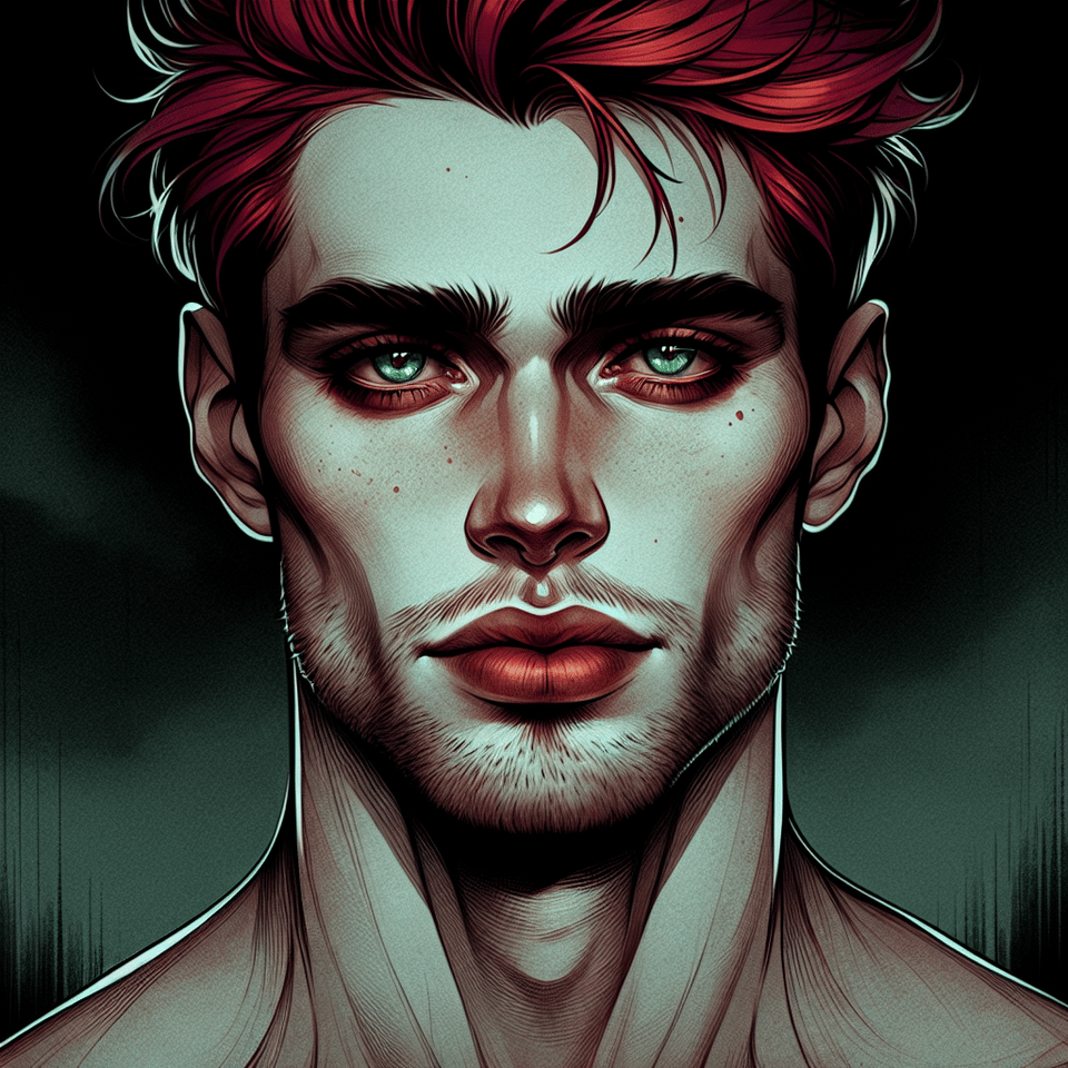 Hombre joven, de ojos verdes, pelo corto, rojo y alborotado; barba corta y rojiza, guapo, fuerte, , illustration, dark fantasy text effect image