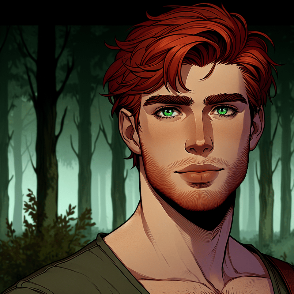 Hombre joven, de ojos verdes, pelo corto, rojo y alborotado; barba corta y rojiza, guapo, fuerte, Fondo bosque, illustration, dark fantasy text effect image