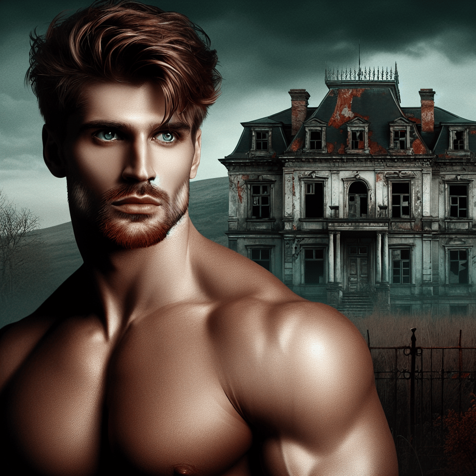 Hombre joven, de ojos verdes, pelo corto, rojo y alborotado; barba corta y rojiza, guapo, fuerte, Fondo Mansión abandonada de color blanco, illustration, dark fantasy text effect image