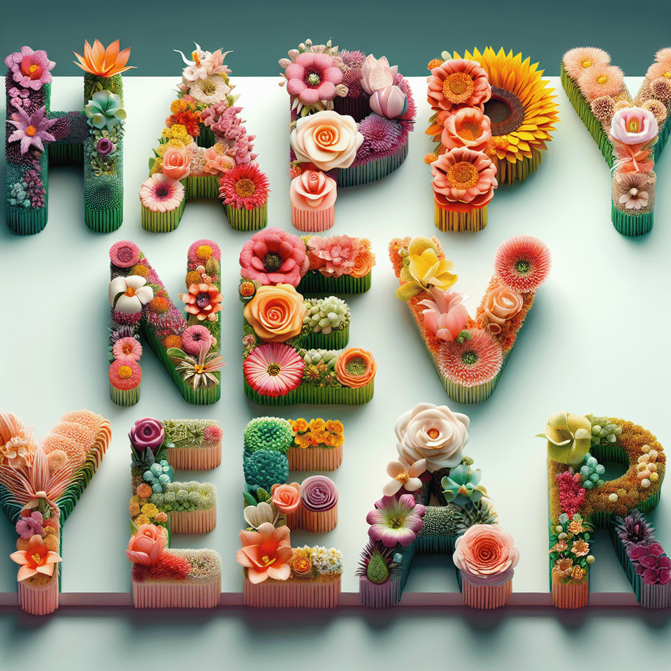 textHappy New Year three-dimensional, made of flower, gorgeous, with a light gradient background., illustration text effect image