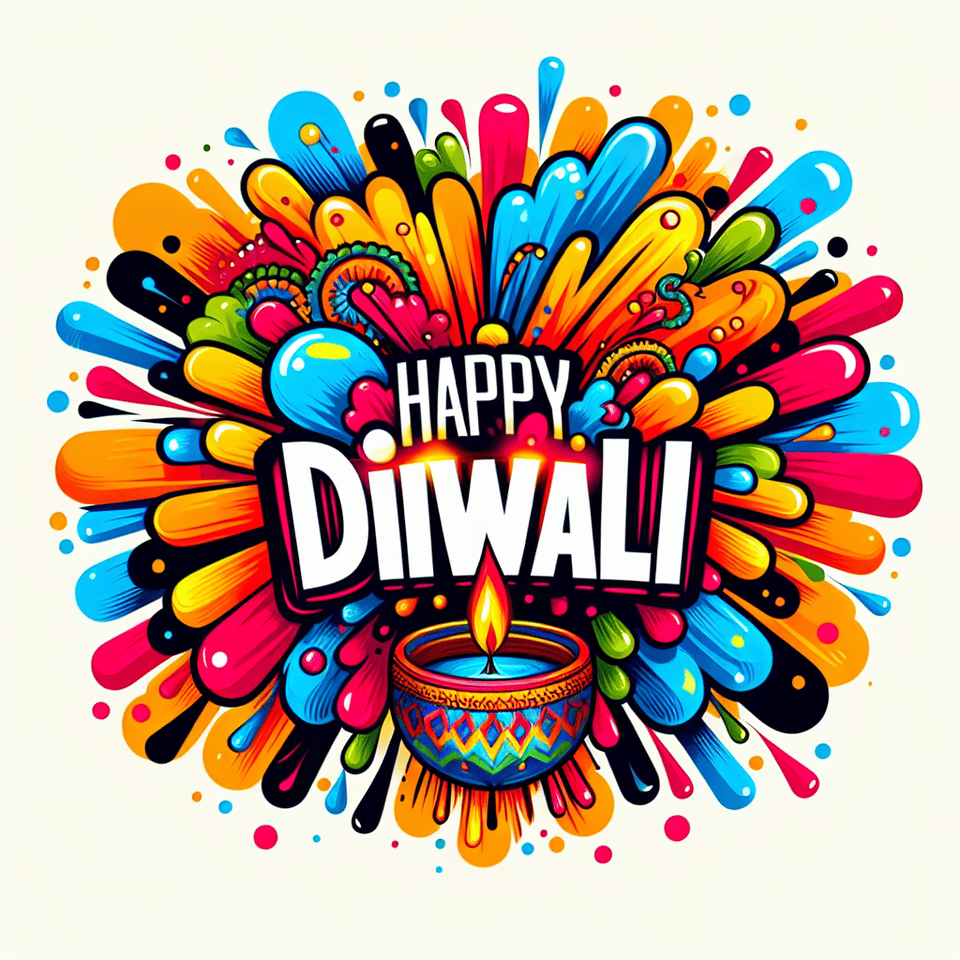 happy diwali, text, with nie colours, with colour bomb , graphic style, typography , illustration text effect image