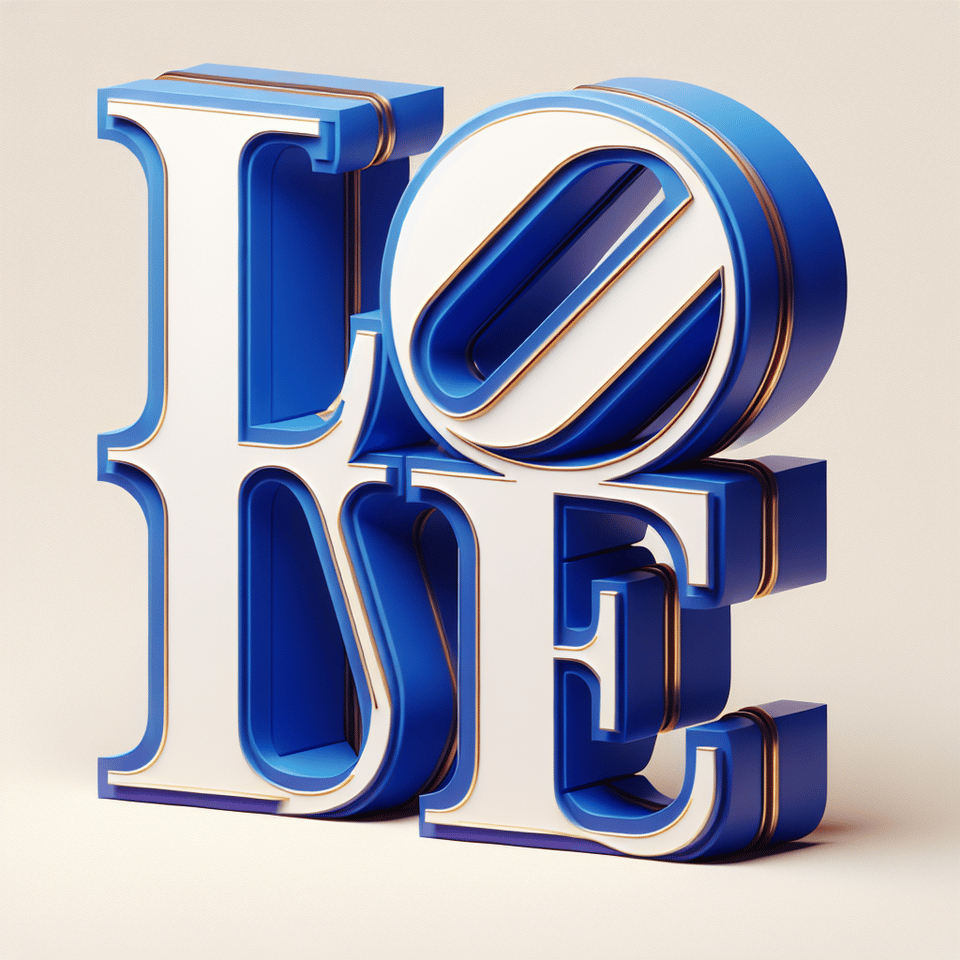 3D rendering of love text with huge bright font in cobalt blue and white with etched gold lines on each letter. text effect image