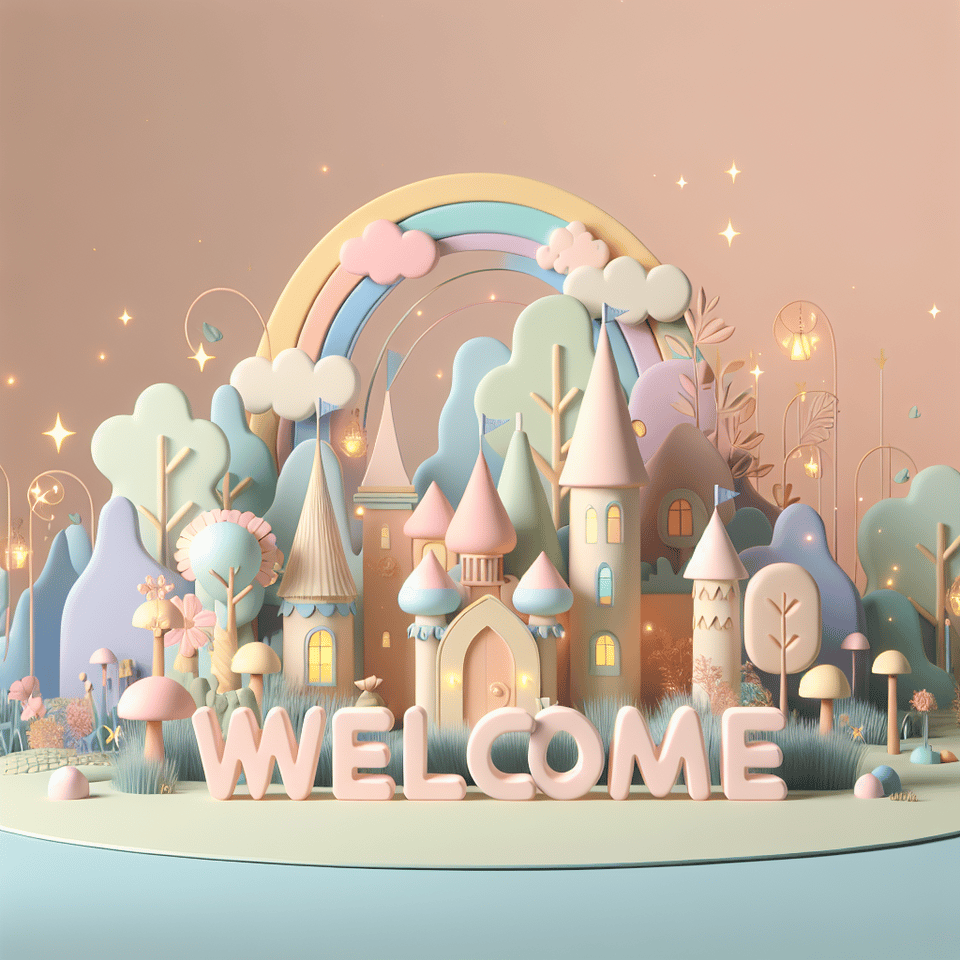 3D rendered Welcome text in pastel colors that blends seamlessly into a whimsical, magical scene. text effect image