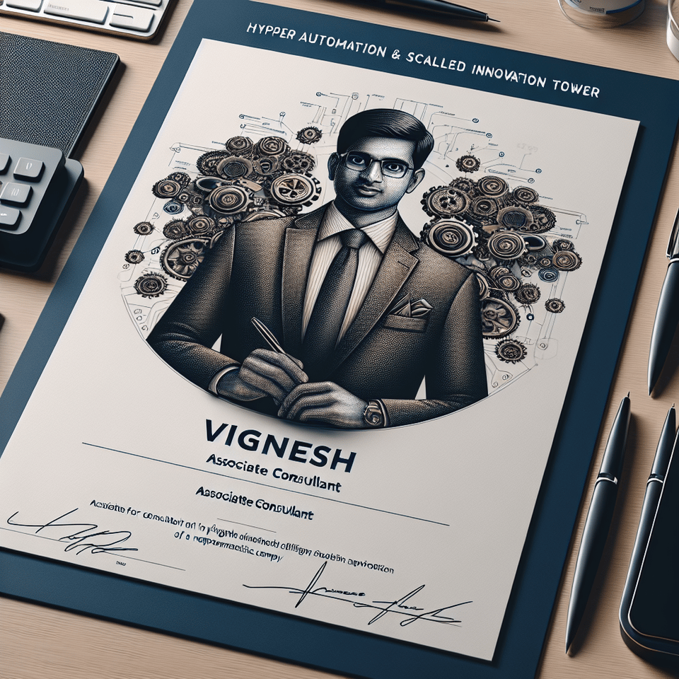 I am Vignesh working as Associate Consultant in RPA team, Hyper Automation & Scaled Innovation tower, AstraZeneca Company. give me good style signature for outlook text effect image
