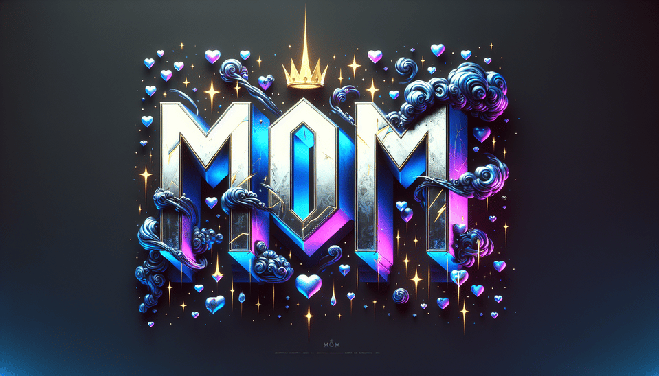 The name mom with smoke lightning stars IN DIFFERENT SHADES OF BLUE and purple metalic and a golden crown,small hearts, cinematic, 3d render, typography, illustration, photo, poster, painting, fashion, architecture, product, anime, dark fantasy, graffiti, ukiyo-e, wildlife photography, portrait photography, conceptual art text effect image