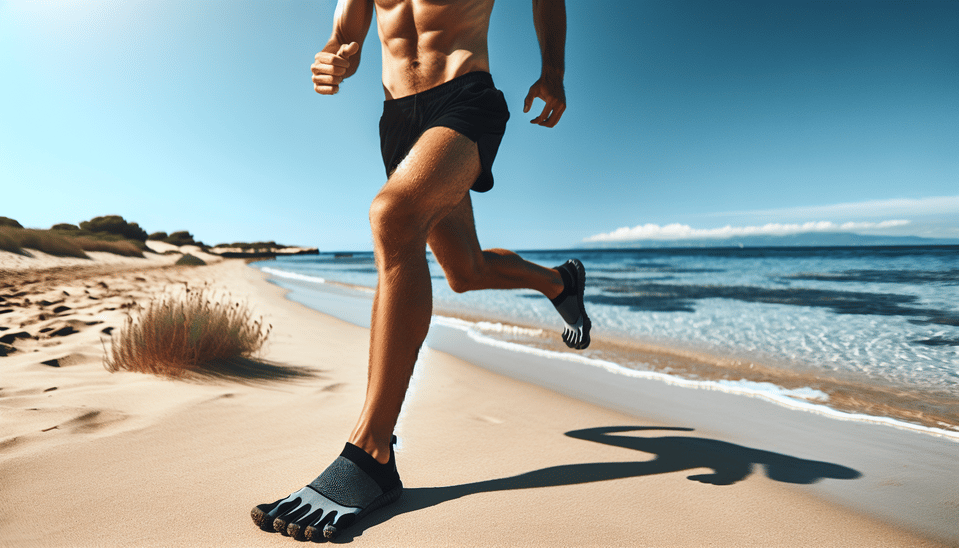 a men wear five finger shoes on the beach, and running text effect image