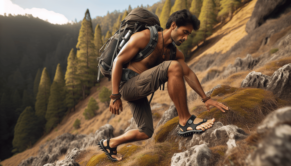 A man wearing toe shoes is hiking text effect image